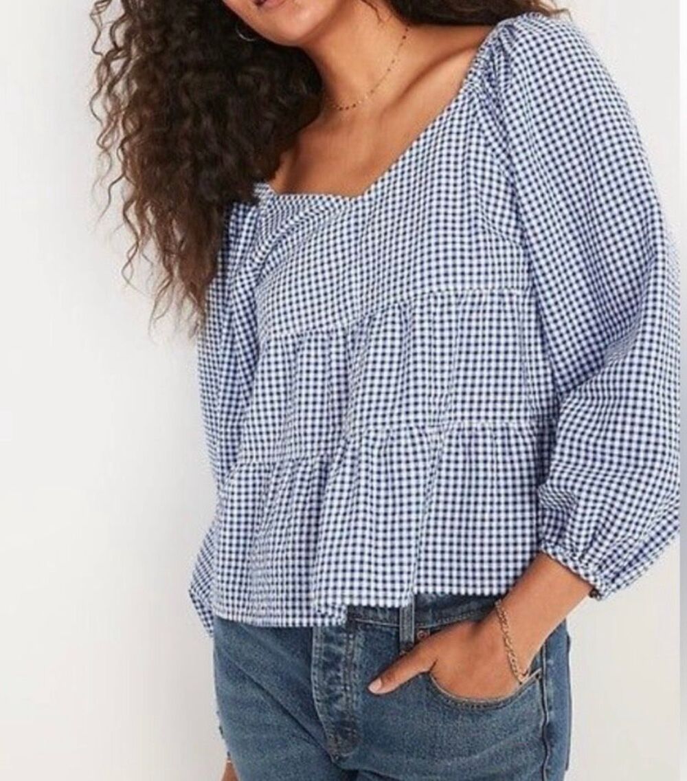 Old Navy blue gingham cotton tiered swing blouse small